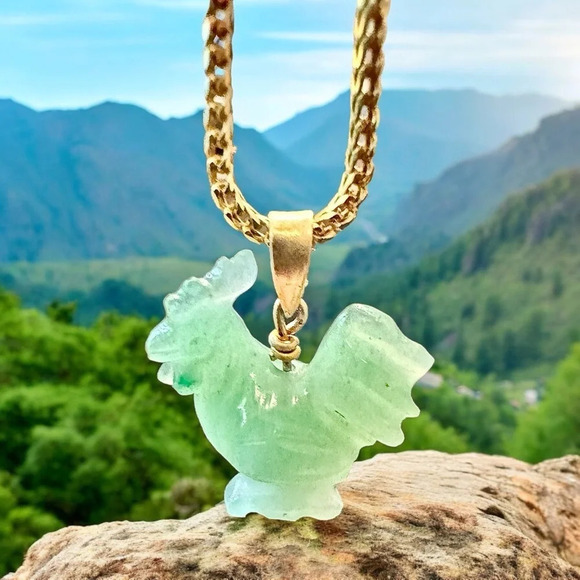 Natural Jade Carved Rooster Gold 925 Pendant - Picture 3 of 8